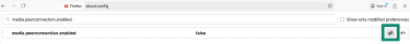 Firefox about:config page showing media.peerconnection.enabled set to false.