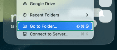 MacOS' system menu with the Go to Folder option highlighted.