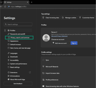 The "Privacy, search, and services" tab in Edge.