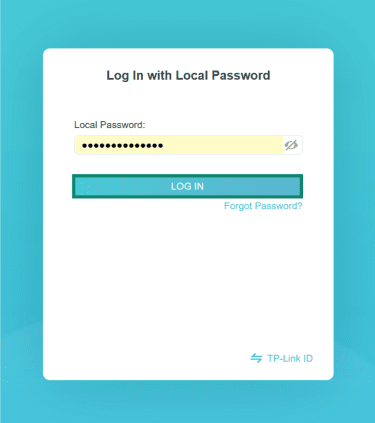 TP-Link router login screen with local password field and Log In button.