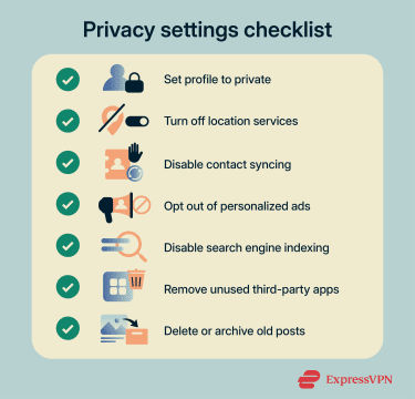 Infographic showing a list of recommended privacy settings to adjust on social media accounts
