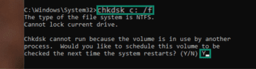 Windows terminal showing the "chkdsk c: /f" command.