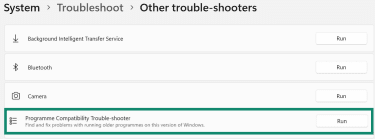 Other trouble-shooters page with Programme Compatibility Trouble-shooter highlighted.