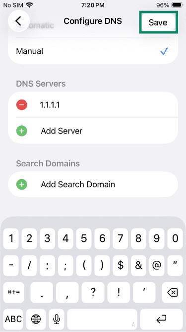 iPhone Configure DNS settings with the Save button highlighted.