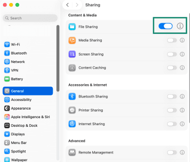 The Mac sharing settings menu, showing the file sharing toggle switch and information button.