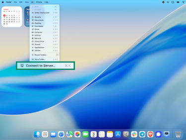 The Go menu in Finder, showing the connect to server button.