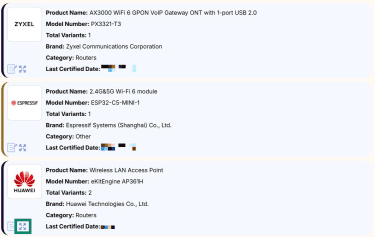 Search results on the Wi-Fi Alliance's Product Finder page. The fullscreen button for one device is highlighted.