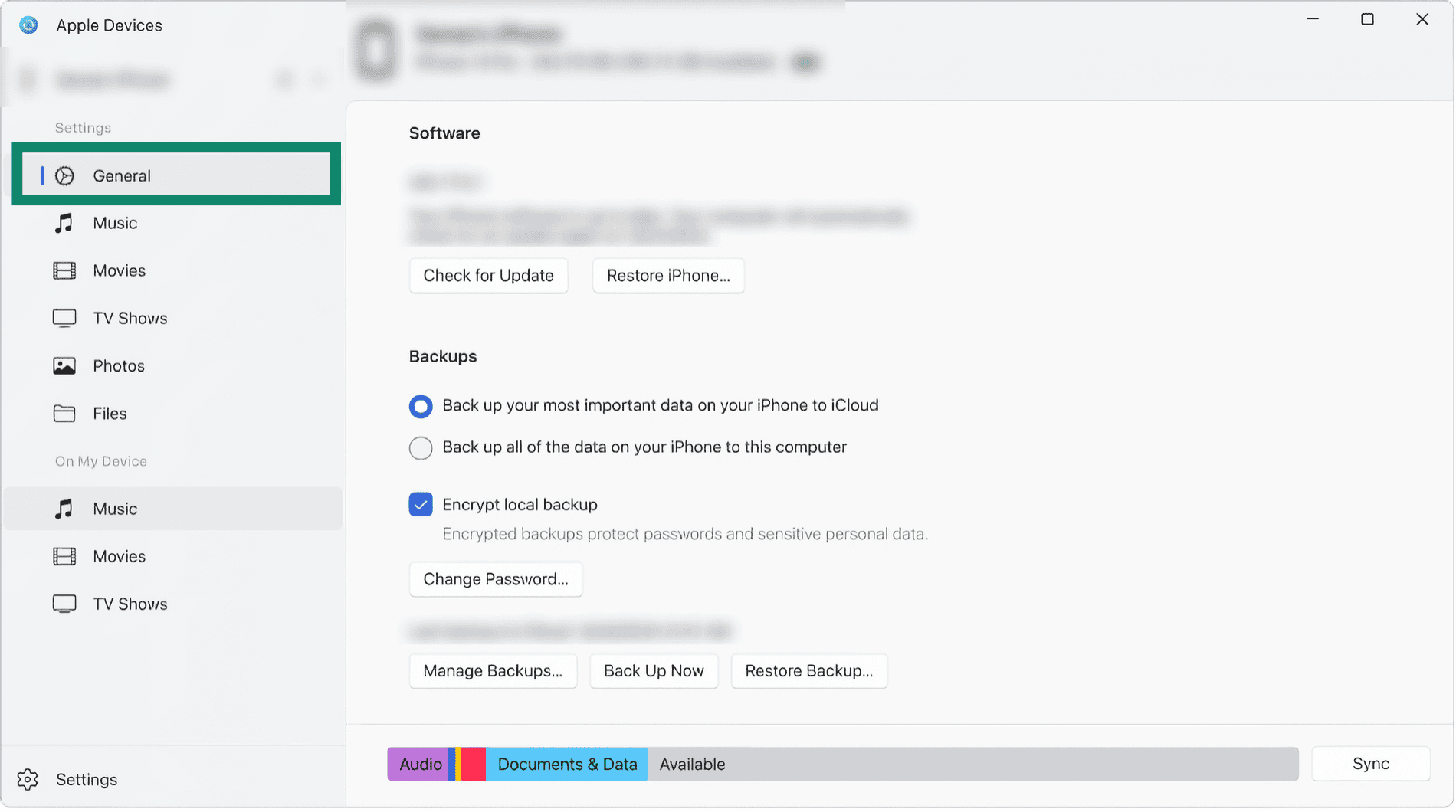 macOS Finder view when an iPhone is connected using USB.