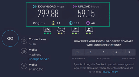 Speedtest results block showing speeds and ping with VPN off