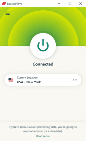 The main ExpressVPN app window, showing the green Connected button
