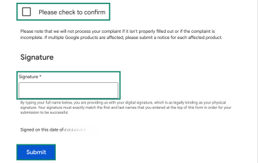 Final steps of the Google content removal process with the consent boxes and Submit button highlighted.