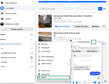 Reporting a buyer on Facebook Marketplace.