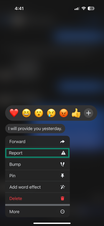 Screenshot of Facebook Messenger on iPhone showing the message options menu after holding a message