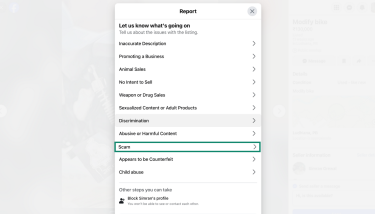 Facebook Marketplace report menu showing scam-related reporting options