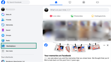 The Facebook wall with a Marketplace option highlighted.
