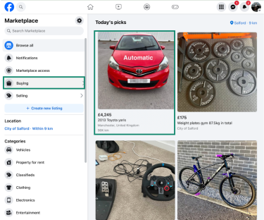 The Facebook Marketplace Buying option with several listings.