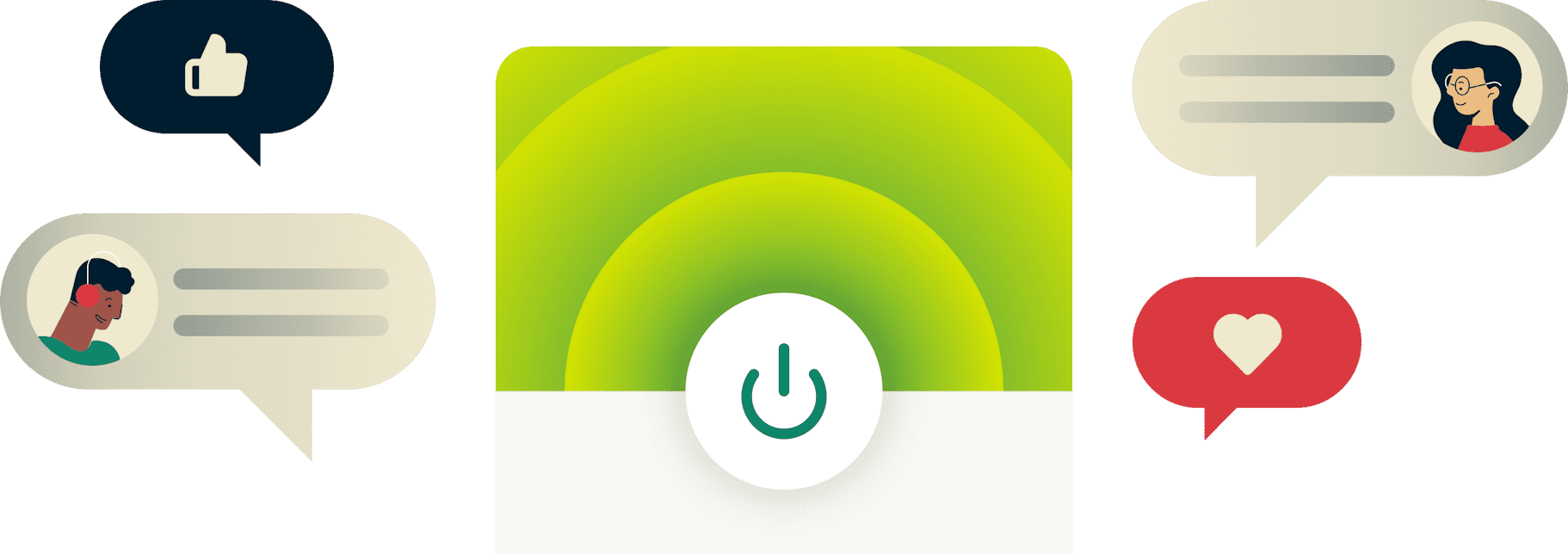 Включенное приложение ExpressVPN окружено текстовыми облачками с отзывами пользователей.