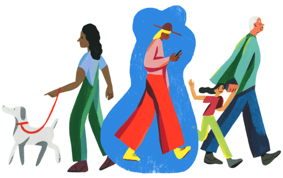 A dog walker, an adult and child, and someone with their phone.