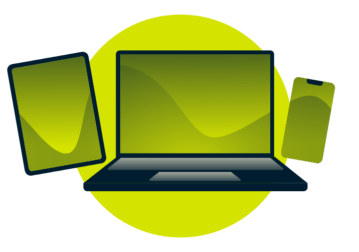 Un computer portatile, un tablet e un telefono, con un bicchiere di vino e una rosa.