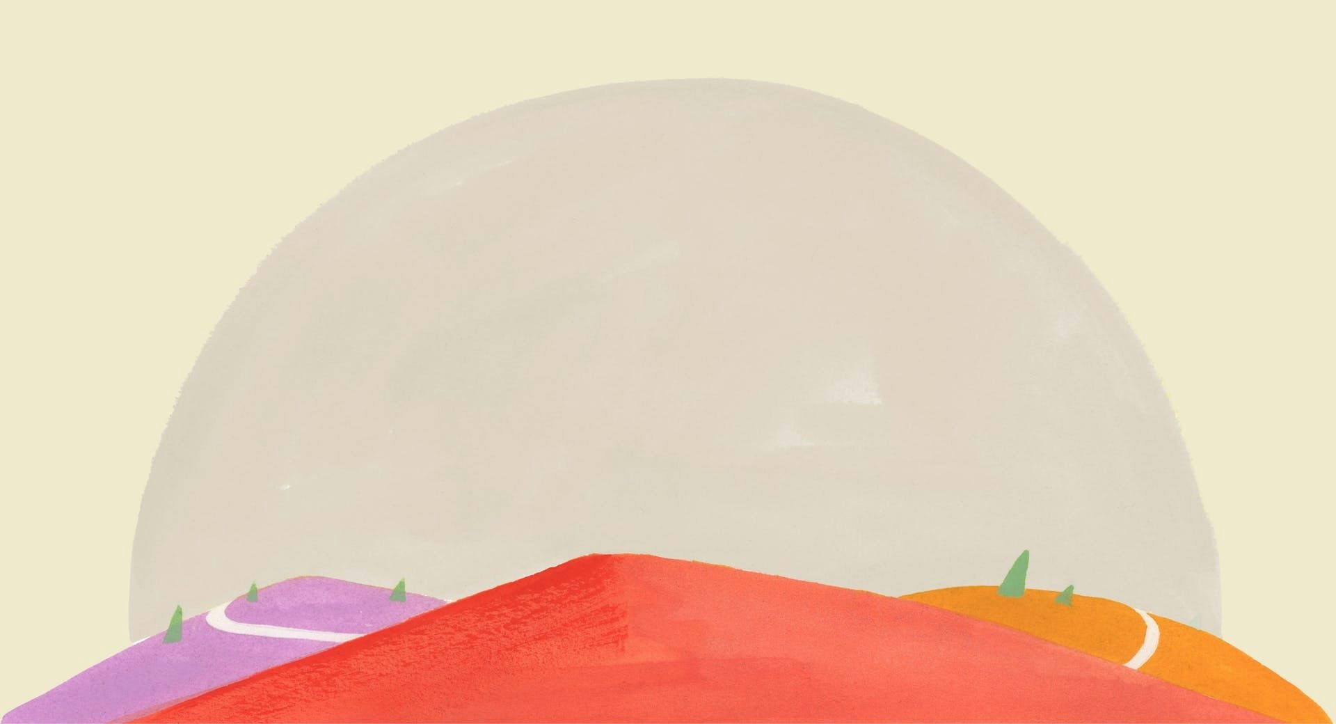 ExpressVPN'in güvenli, hızlı ve küresel internet bağlantılarını simgeleyen, tepenin üzerinden geçen renkli patikaların çizimi.