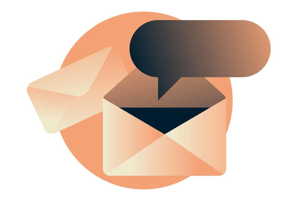 Een tekstballon die uit een enveloppe komt.